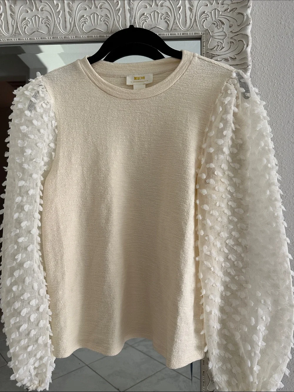 Anthropologie Maeve Textured Long Sleeve Cream Ivory Bubble Sleeves Top